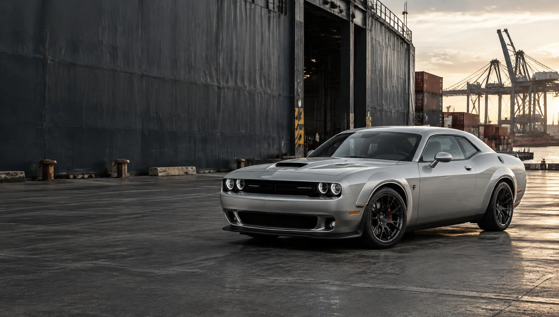 Srebrny Dodge Challenger w porcie. Wizualizacja ilustracyjna